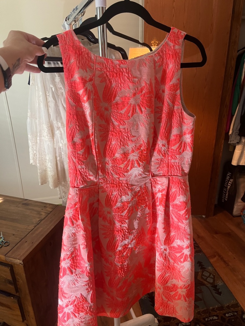 Gianni Bini Coral and White Floral Jacquard Fit-and-Flare Dress